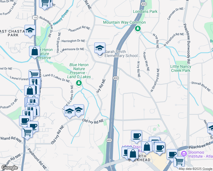 map of restaurants, bars, coffee shops, grocery stores, and more near 3911 Ivy Road Northeast in Atlanta