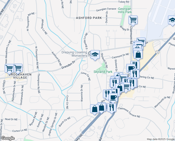 map of restaurants, bars, coffee shops, grocery stores, and more near 2603 Cove Circle Northeast in Atlanta