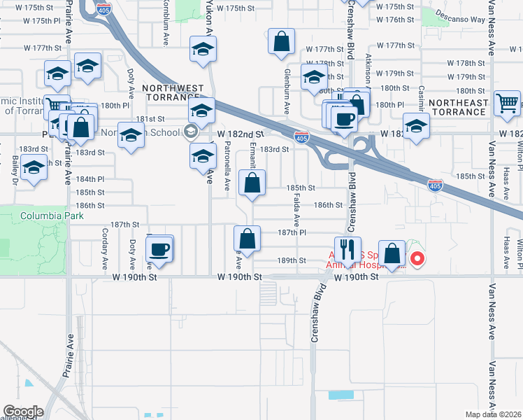 map of restaurants, bars, coffee shops, grocery stores, and more near 3420 187th Street in Torrance