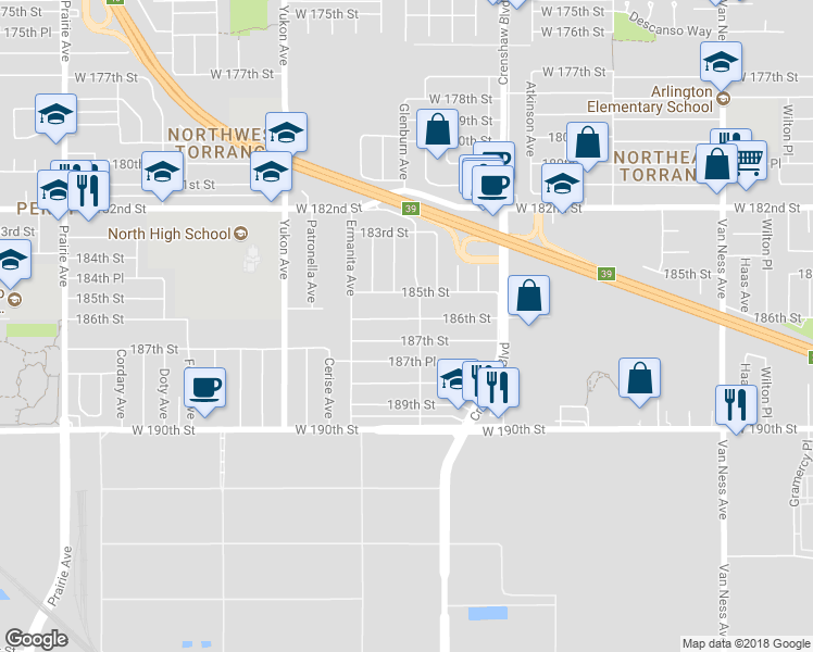 map of restaurants, bars, coffee shops, grocery stores, and more near 3312 186th Street in Torrance