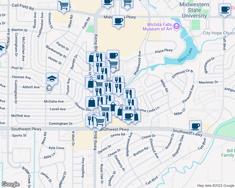 map of restaurants, bars, coffee shops, grocery stores, and more near 2501-2599 Mallard Dr in Wichita Falls