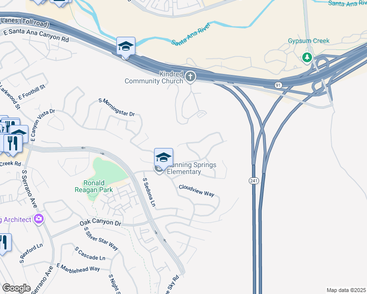 map of restaurants, bars, coffee shops, grocery stores, and more near 8761 East Garden View Drive in Anaheim