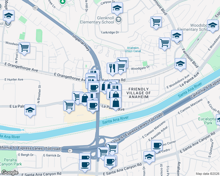map of restaurants, bars, coffee shops, grocery stores, and more near 5735 East La Palma Avenue in Anaheim