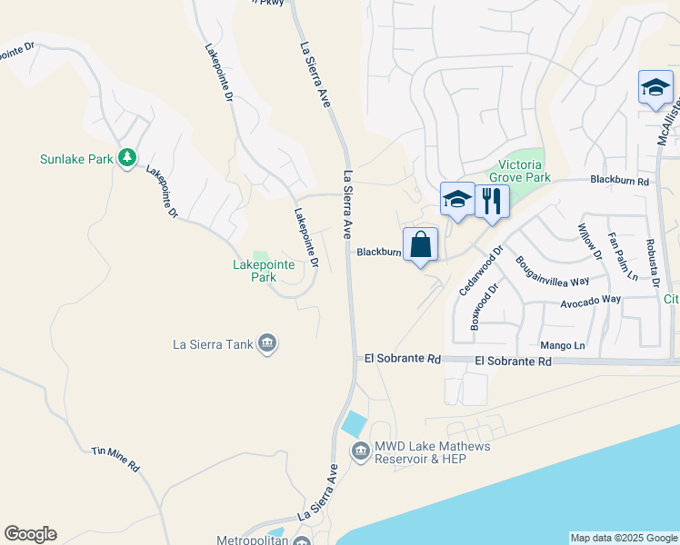 map of restaurants, bars, coffee shops, grocery stores, and more near 17716 Streamside Lane in Riverside