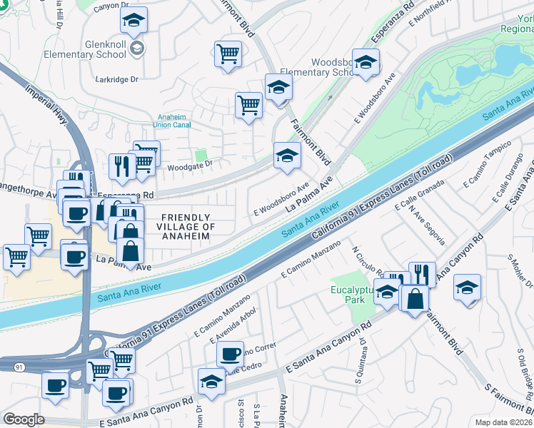 map of restaurants, bars, coffee shops, grocery stores, and more near 1204 North Big Spring Street in Anaheim