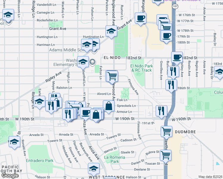 map of restaurants, bars, coffee shops, grocery stores, and more near 2610 Alvord Lane in Redondo Beach