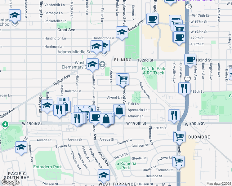 map of restaurants, bars, coffee shops, grocery stores, and more near 2606 Ralston Lane in Redondo Beach