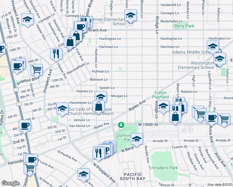 map of restaurants, bars, coffee shops, grocery stores, and more near 1907 Morgan Lane in Redondo Beach