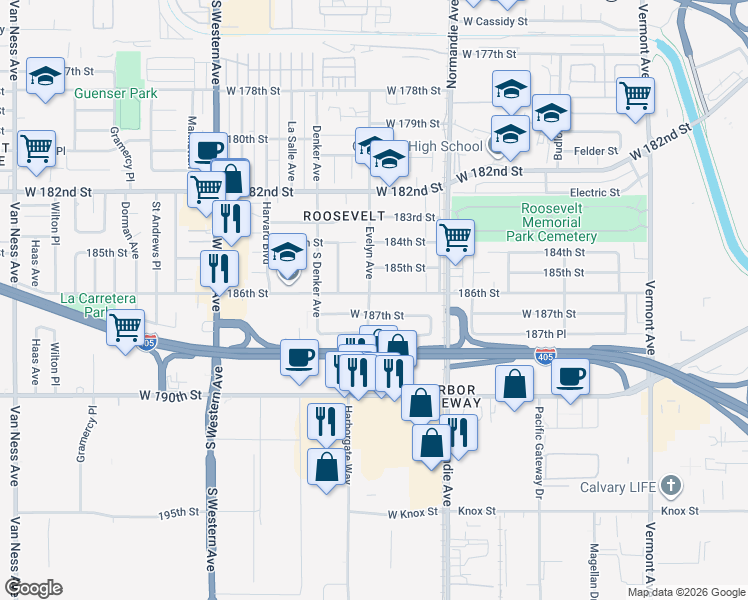 map of restaurants, bars, coffee shops, grocery stores, and more near 1486 186th Street in Gardena