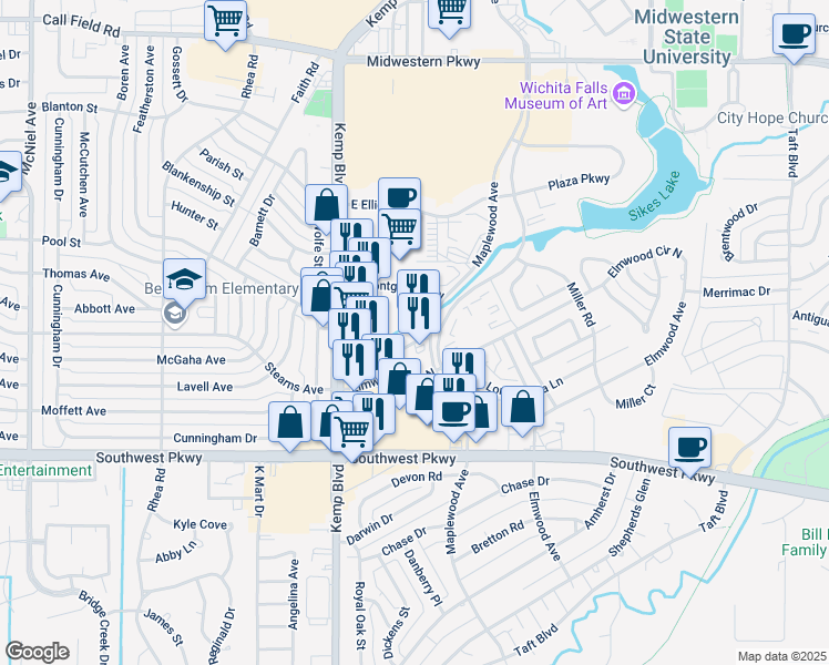 map of restaurants, bars, coffee shops, grocery stores, and more near 2501-2599 Mallard Dr in Wichita Falls