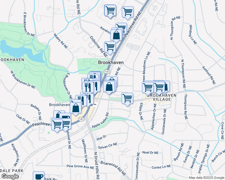 map of restaurants, bars, coffee shops, grocery stores, and more near 2583 Apple Valley Road in Atlanta