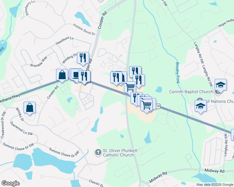 map of restaurants, bars, coffee shops, grocery stores, and more near 989 U.S. 78 in Grayson
