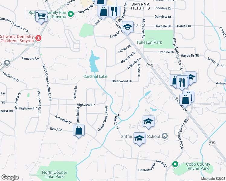 map of restaurants, bars, coffee shops, grocery stores, and more near 4314 Woodhaven Way in Smyrna