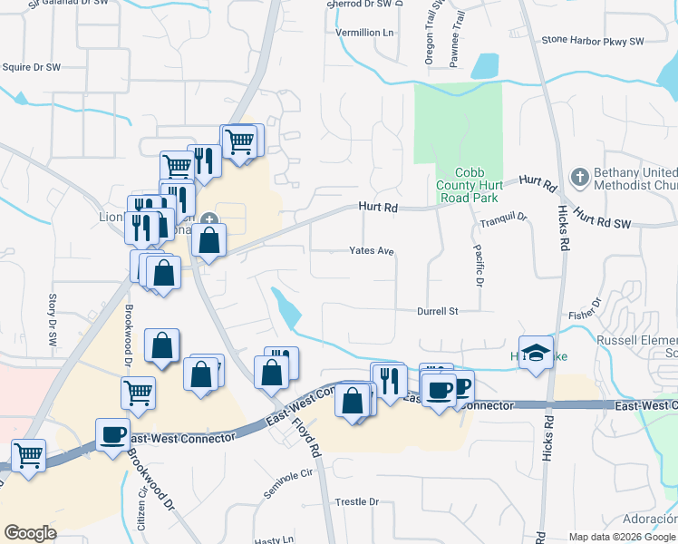 map of restaurants, bars, coffee shops, grocery stores, and more near 1277 Winesap Drive in Austell