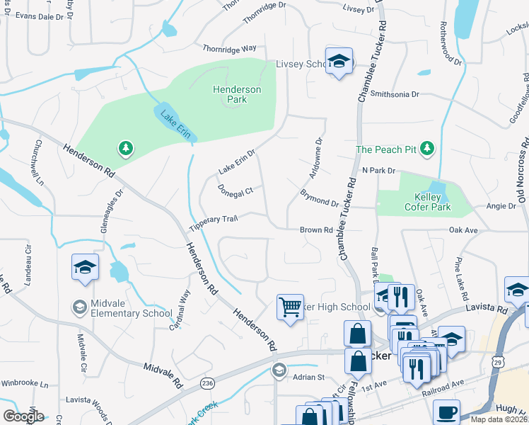 map of restaurants, bars, coffee shops, grocery stores, and more near 3998 Brown Road in Tucker