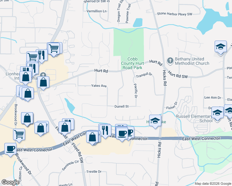 map of restaurants, bars, coffee shops, grocery stores, and more near 3690 William Paul Drive in Austell