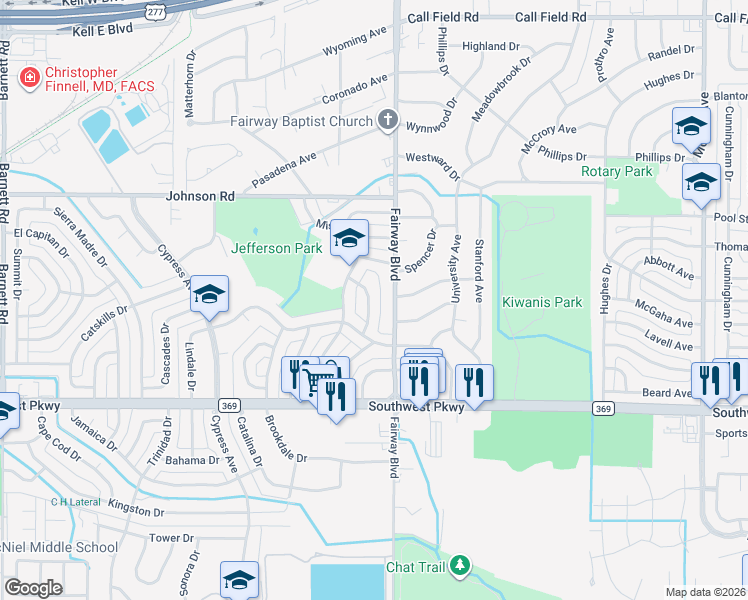 map of restaurants, bars, coffee shops, grocery stores, and more near 4627 Pendleton Drive in Wichita Falls