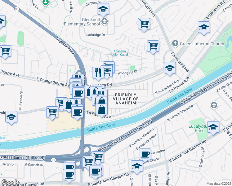 map of restaurants, bars, coffee shops, grocery stores, and more near 5815 East La Palma Avenue in Anaheim