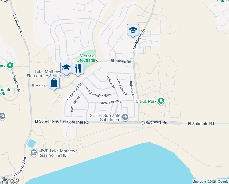 map of restaurants, bars, coffee shops, grocery stores, and more near 17733 Willow Drive in Riverside