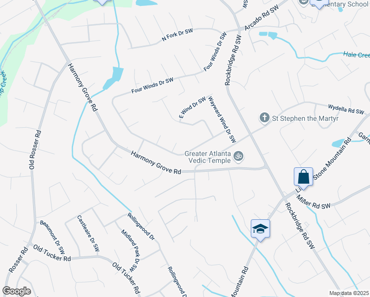 map of restaurants, bars, coffee shops, grocery stores, and more near 5551 Four Winds Drive Southwest in Lilburn