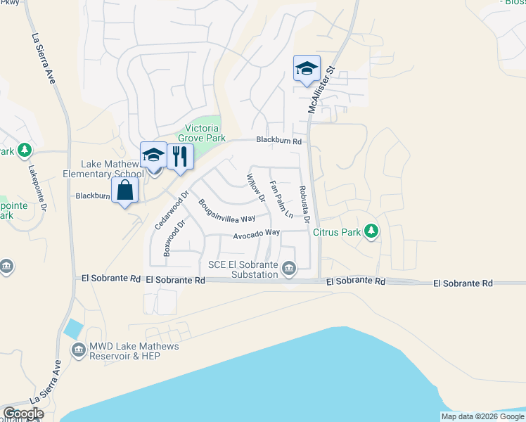 map of restaurants, bars, coffee shops, grocery stores, and more near 17733 Willow Drive in Riverside