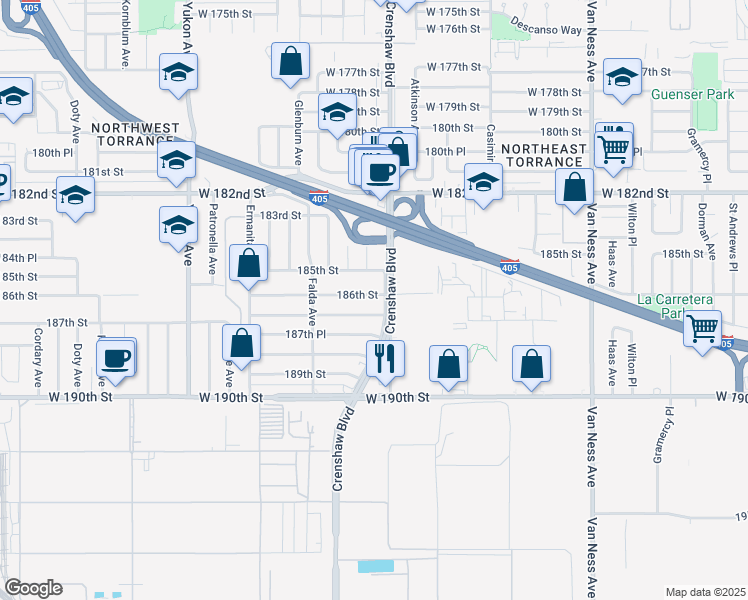 map of restaurants, bars, coffee shops, grocery stores, and more near 3112 186th Street in Torrance