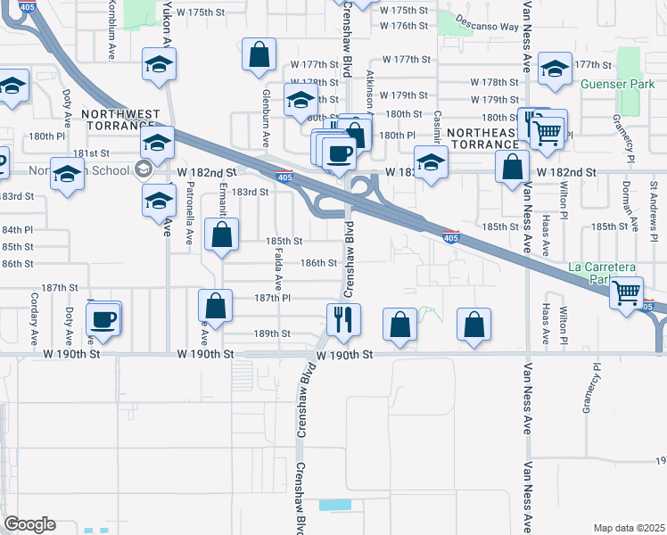 map of restaurants, bars, coffee shops, grocery stores, and more near 3112 186th Street in Torrance