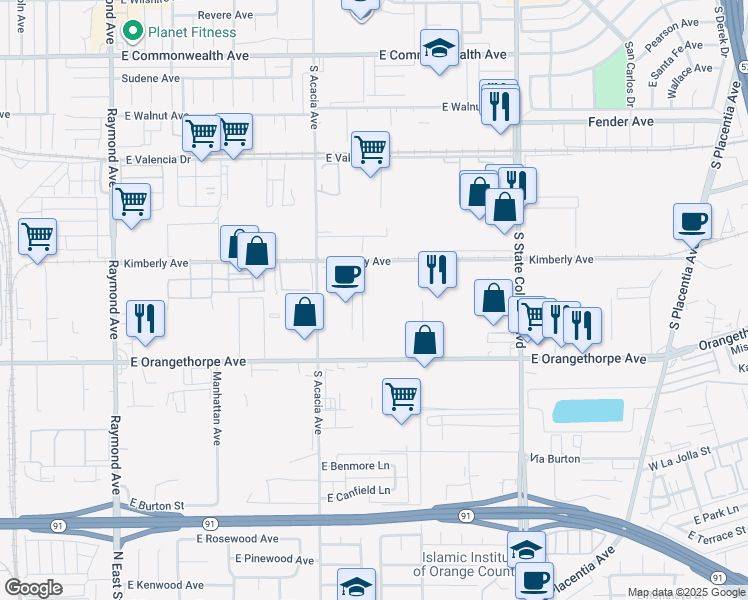 map of restaurants, bars, coffee shops, grocery stores, and more near 2001 East Orangethorpe Avenue in Fullerton