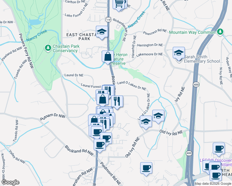 map of restaurants, bars, coffee shops, grocery stores, and more near 4082 Land O Lakes Drive Northeast in Atlanta
