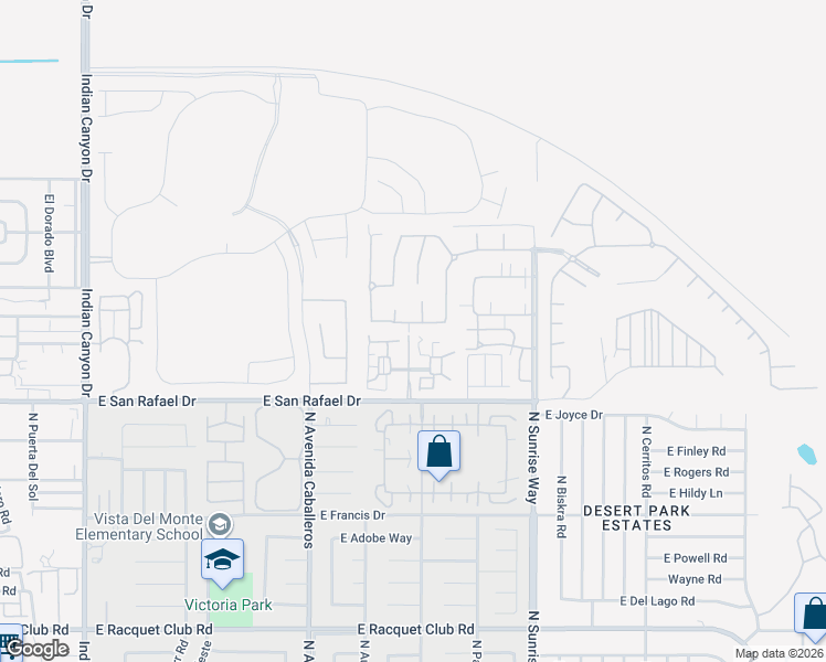 map of restaurants, bars, coffee shops, grocery stores, and more near 1251 Solana Trail in Palm Springs