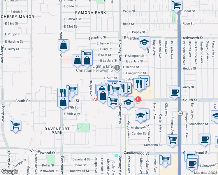 map of restaurants, bars, coffee shops, grocery stores, and more near 3371 East Andy Street in Long Beach