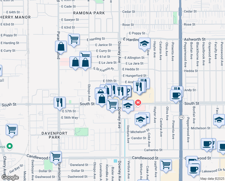 map of restaurants, bars, coffee shops, grocery stores, and more near 3421 East Andy Street in Long Beach