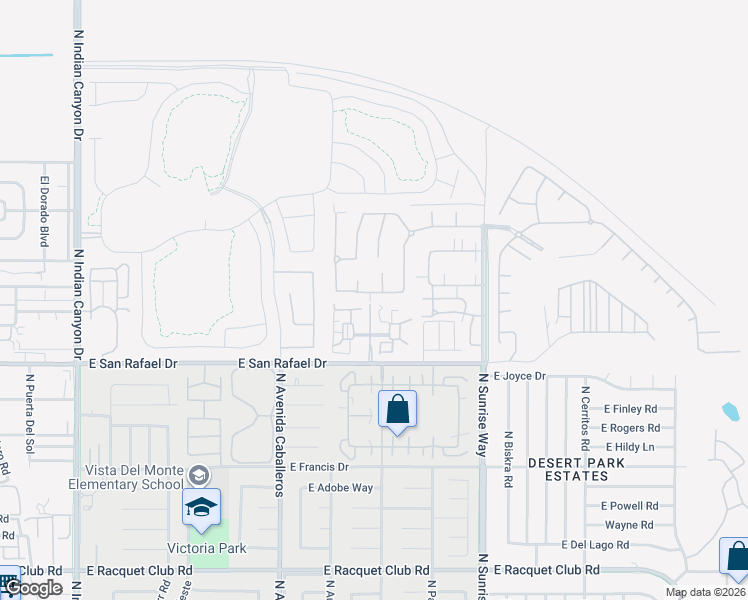 map of restaurants, bars, coffee shops, grocery stores, and more near 3509 Suncrest Trail in Palm Springs