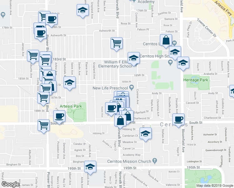 map of restaurants, bars, coffee shops, grocery stores, and more near 12156 186th Street in Artesia