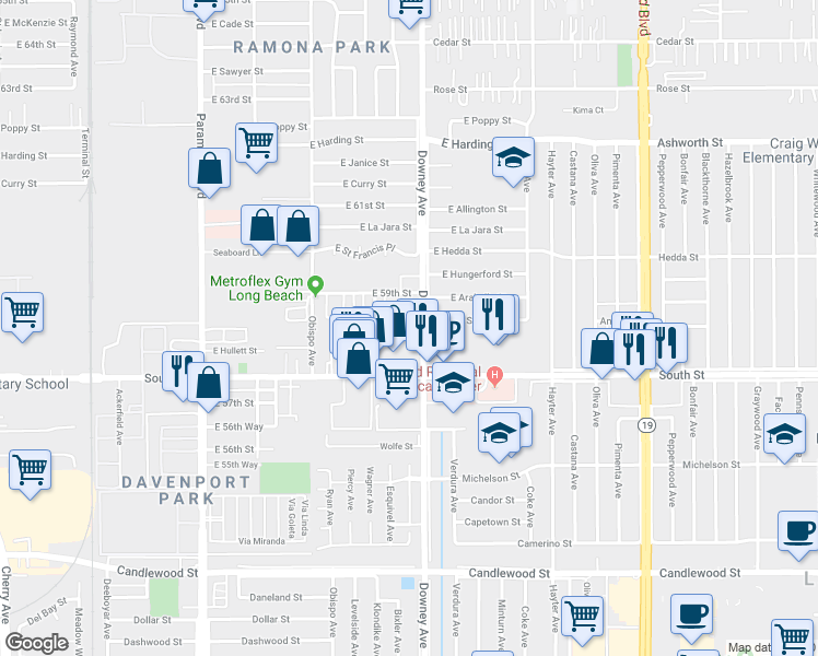 map of restaurants, bars, coffee shops, grocery stores, and more near 5885 Downey Avenue in Long Beach