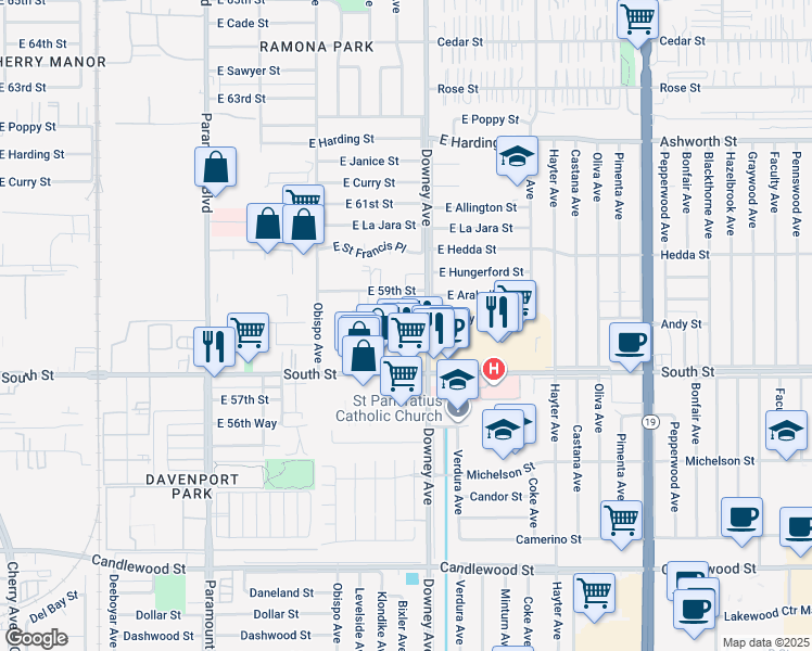map of restaurants, bars, coffee shops, grocery stores, and more near 5885 Downey Avenue in Long Beach