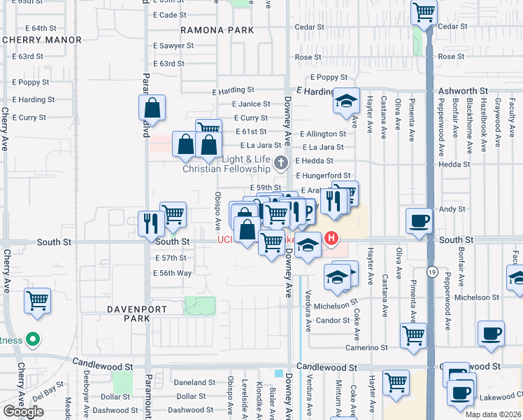 map of restaurants, bars, coffee shops, grocery stores, and more near 3280 East 59th Street in Long Beach