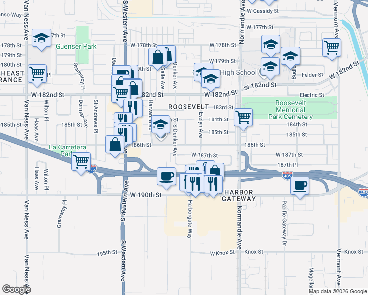 map of restaurants, bars, coffee shops, grocery stores, and more near 18510 Dalton Avenue in Gardena