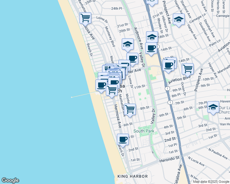 map of restaurants, bars, coffee shops, grocery stores, and more near in Hermosa Beach