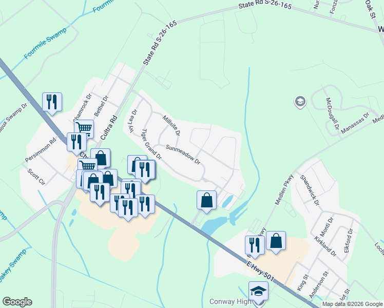 map of restaurants, bars, coffee shops, grocery stores, and more near 4052 Woodcliffe Drive in Conway