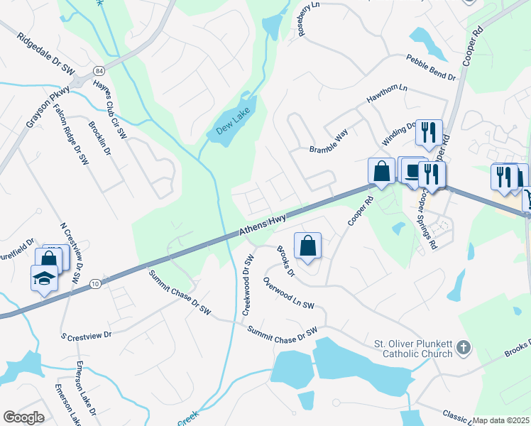 map of restaurants, bars, coffee shops, grocery stores, and more near 2734 Haynescrest Drive in Grayson