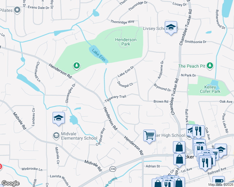 map of restaurants, bars, coffee shops, grocery stores, and more near 3954 Tipperary Trail in Tucker