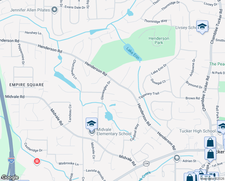 map of restaurants, bars, coffee shops, grocery stores, and more near 2713 Gleneagles Drive in Tucker