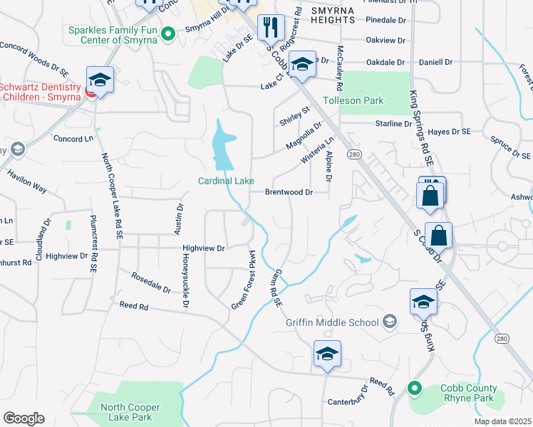 map of restaurants, bars, coffee shops, grocery stores, and more near 4314 Woodhaven Way in Smyrna