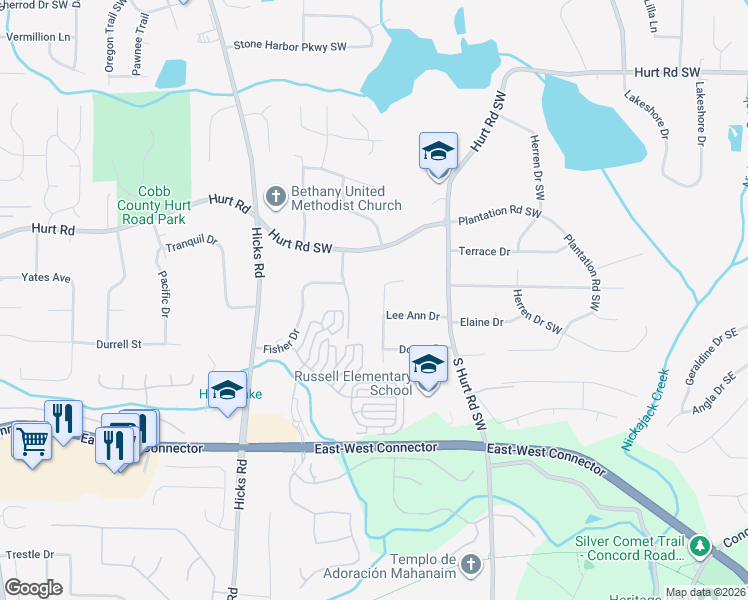 map of restaurants, bars, coffee shops, grocery stores, and more near 3770 Russell Street Southwest in Smyrna