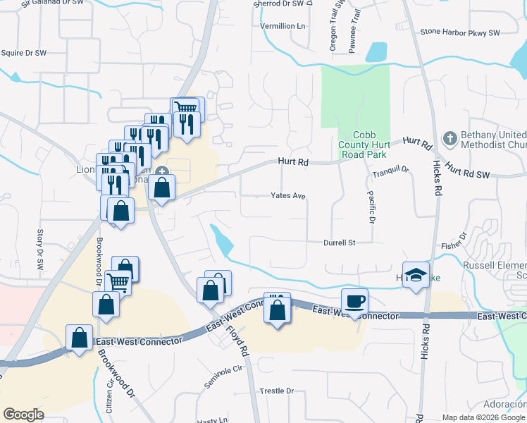 map of restaurants, bars, coffee shops, grocery stores, and more near 1277 Winesap Drive in Austell