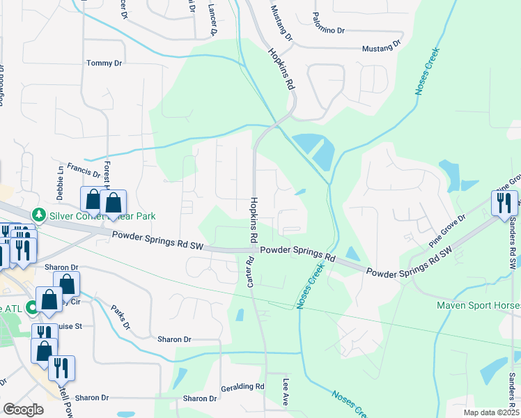 map of restaurants, bars, coffee shops, grocery stores, and more near 3721 Hopkins Road in Powder Springs
