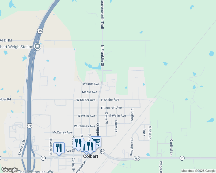 map of restaurants, bars, coffee shops, grocery stores, and more near 150-258 Oak St in Colbert