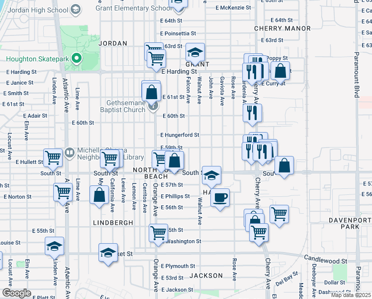 map of restaurants, bars, coffee shops, grocery stores, and more near 1428 East 59th Street in Long Beach