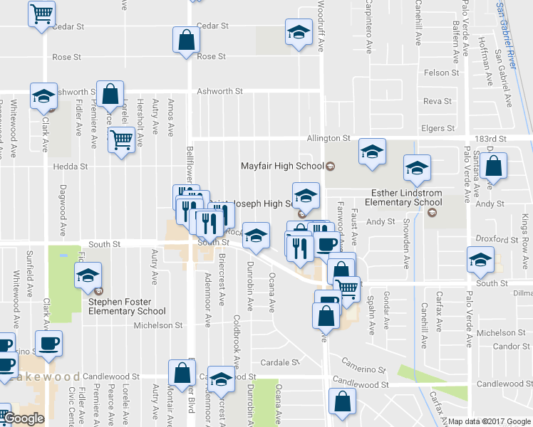 map of restaurants, bars, coffee shops, grocery stores, and more near 5857 Eastbrook Avenue in Lakewood